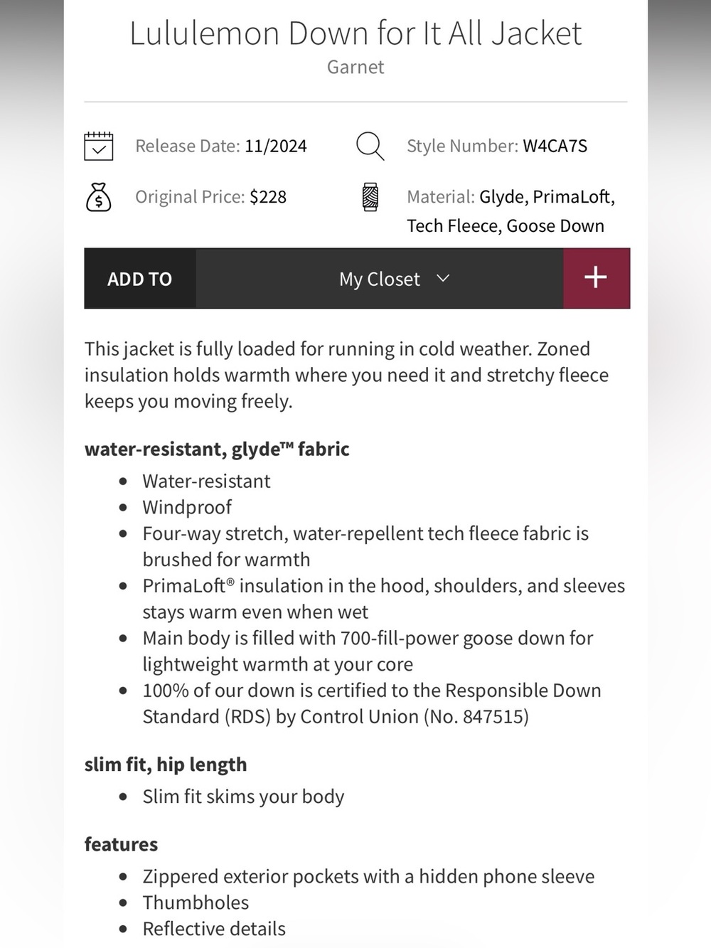 Lululemon Down for It All Jacket
Garnet 14 - Picture 5 of 11